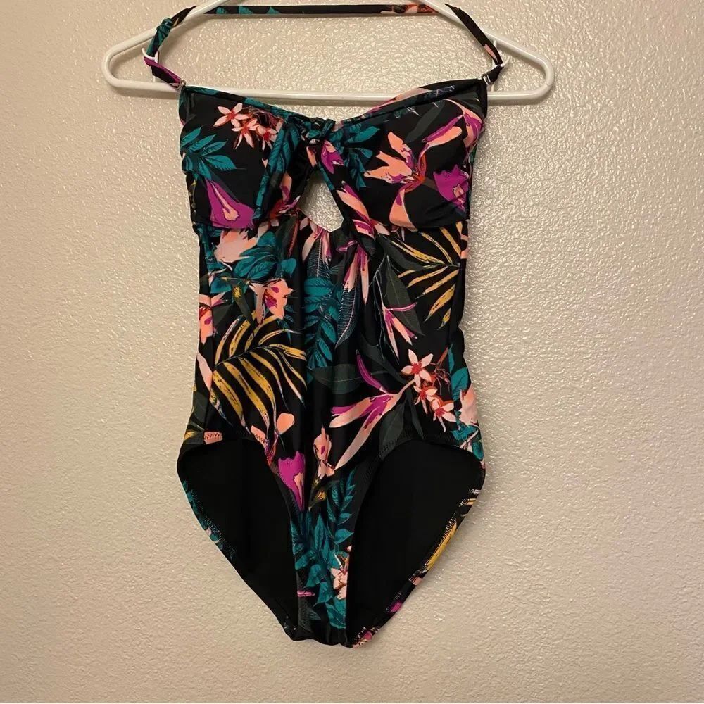 OLD NAVY Womens Swimsuit front tie Cut Out black Tropical One Piece Padded -XS
